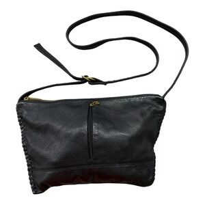 HOBO Black Leather Shoulder Bag Whipstich Detail Brass LOGO Hardware Purse EUC